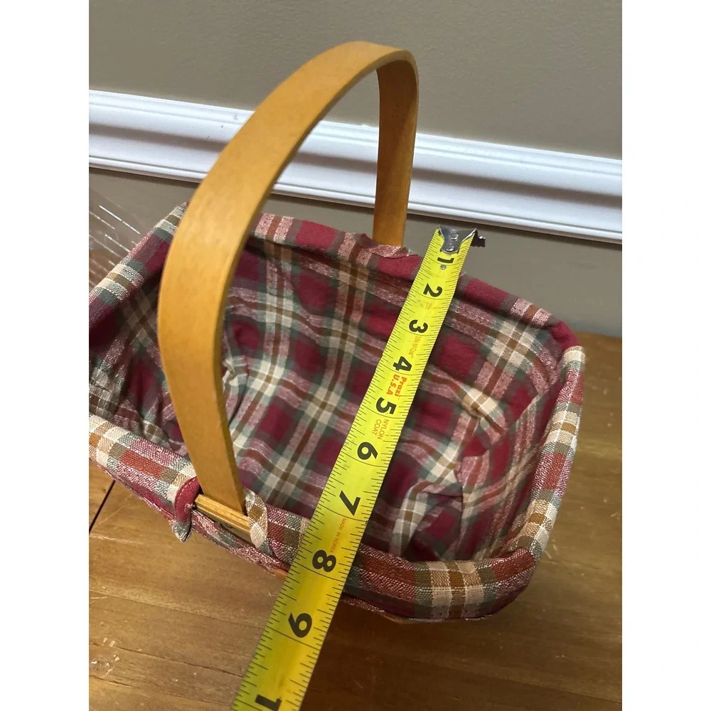 Handwoven Wood Splint Basket with Red Plaid Liner and Plastic Protector Honey
